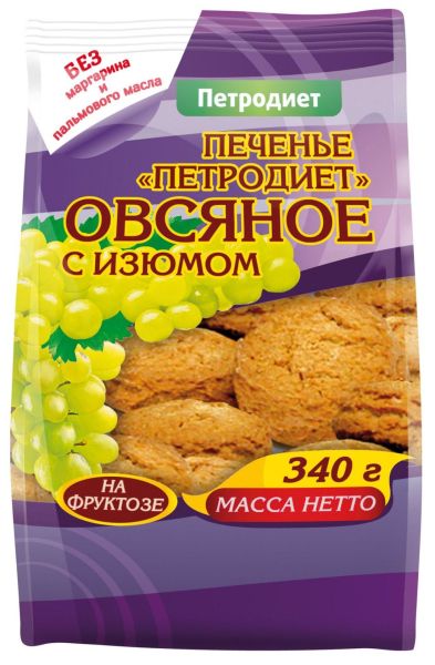 Изображение товара Печенье овсяное на фруктозе с изюмом 340г Печенье овсяное на фруктозе с изюмом 340г фотография